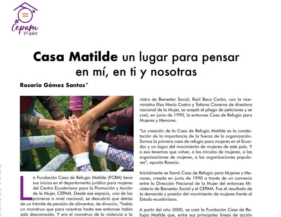 Mostrar el artículo sobre la Casa de Refugio Matilde en la revista La Abeja por los 40 años de Cepam